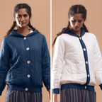 Front View of a Model wearing Teal Reversible Quilted Cotton Bomber Jacket