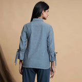 Back View of a Model wearing Turkish Blue Tie-Up Collar Button Down Shirt