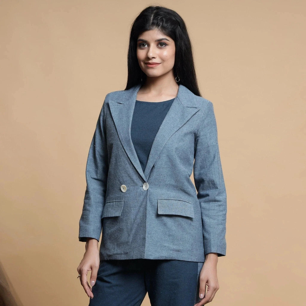 Front View of a Model wearing Turkish Blue Comfort Fit Cotton Blazer