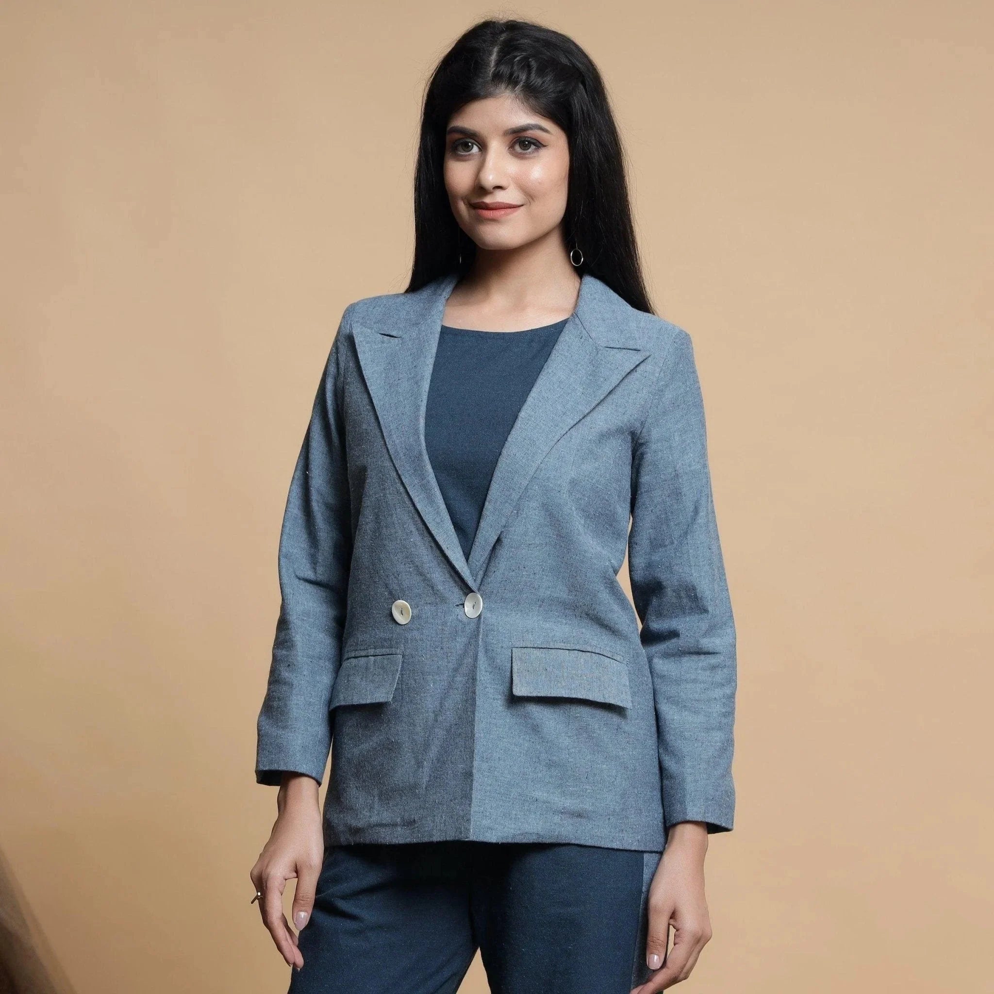 Front View of a Model wearing Turkish Blue Comfort Fit Cotton Blazer