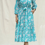 Front Detail of a Model wearing Turquoise Floral Block Printed Cotton Tier Midi Dress