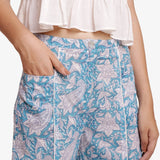 Front Detail of a Model wearing Turquoise Paisley Block Print Straight Cotton Pant