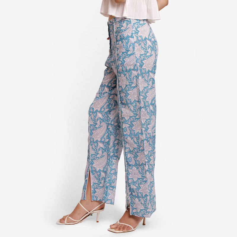 Left View of a Model wearing Turquoise Paisley Block Print Straight Cotton Pant