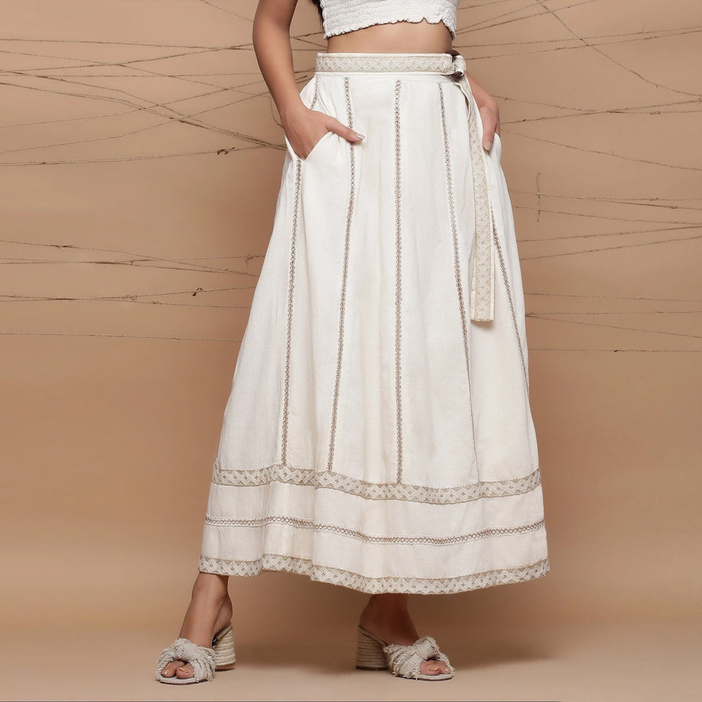 Front View of a Model wearing Undyed Cotton Jute Laced Flared Skirt