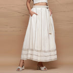 Front View of a Model wearing Undyed Cotton Jute Laced Flared Skirt