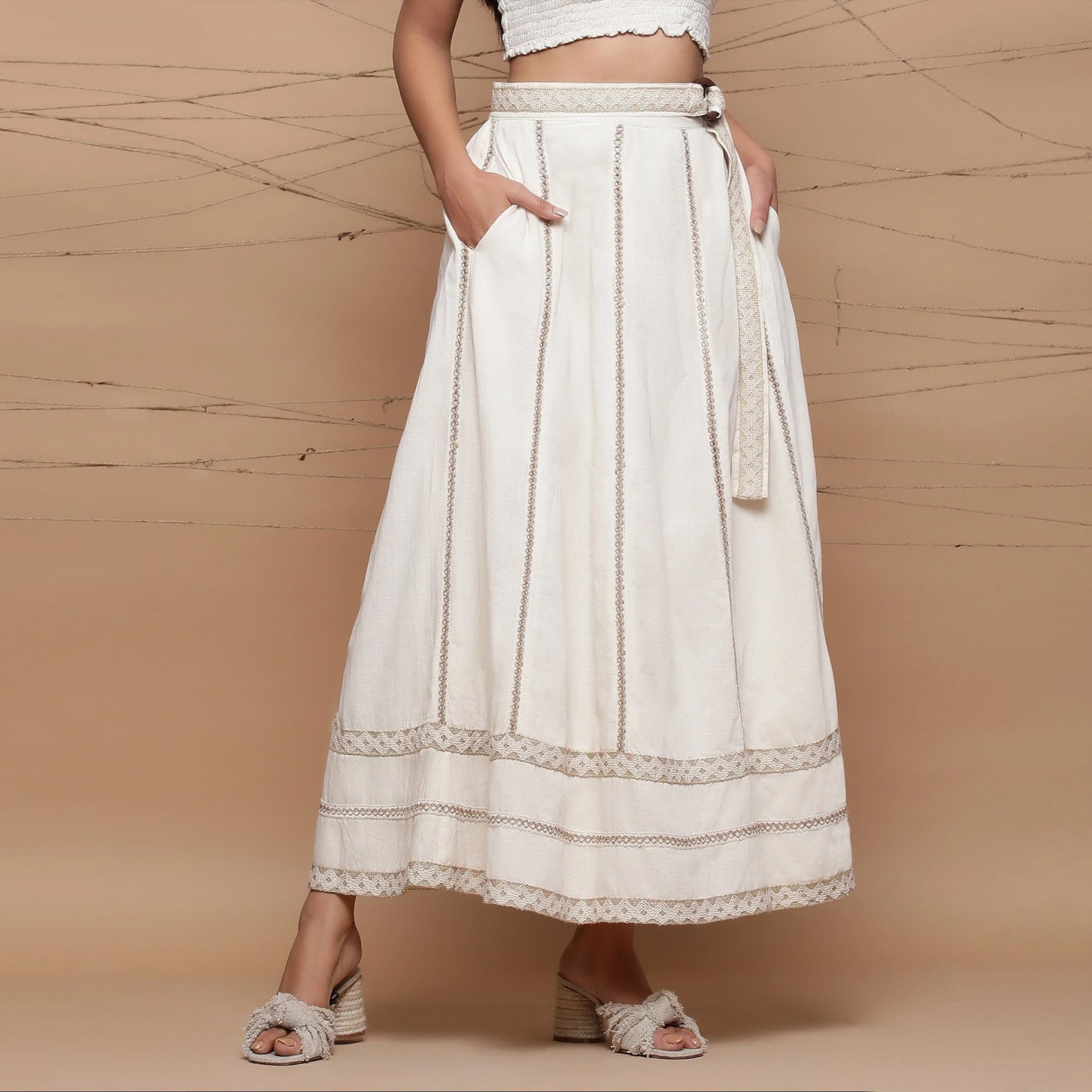 Front View of a Model wearing Undyed Cotton Jute Laced Flared Skirt