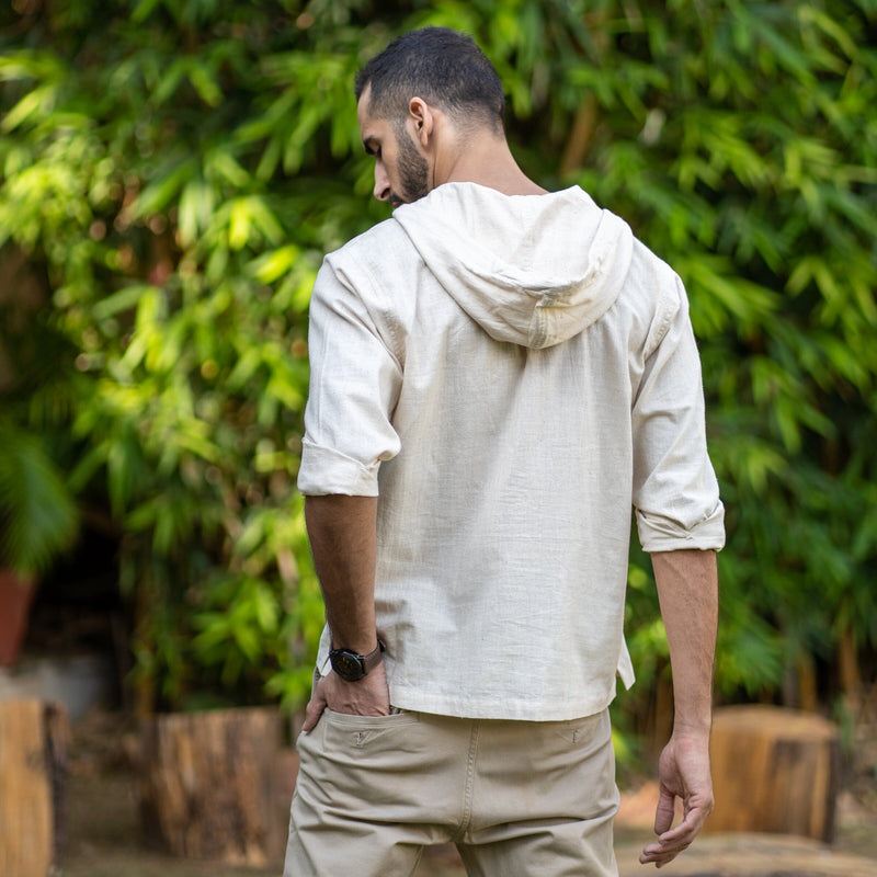 Undyed Ecru Handspun Cotton Full Sleeve Boho Hoodie T-Shirt