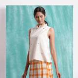 Front View of a Model wearing Undyed Mirror Work Sleeveless Top