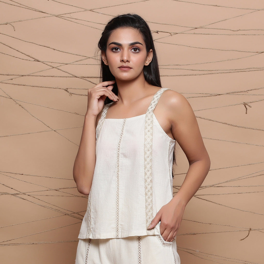 Front View of a Model wearing Undyed Handspun Strappy Tank Top