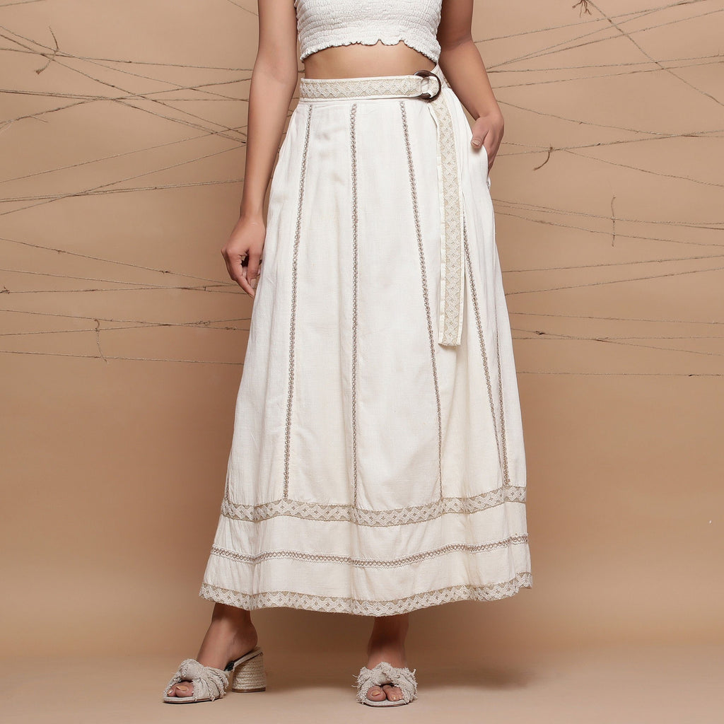 Front View of a Model wearing Undyed Cotton Jute Laced Flared Skirt
