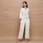 Front View of a Model wearing Undyed V-Neck Jute Laced Straight Top