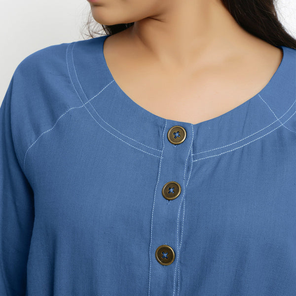 Front Detail of a Model wearing Vegetable-Dyed Blue 100% Cotton Button-Down Dress