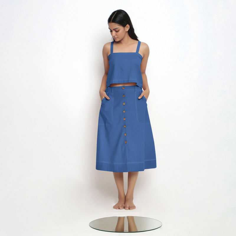 Front View of a Model wearing Vegetable-Dyed Blue 100% Cotton Spaghetti Top