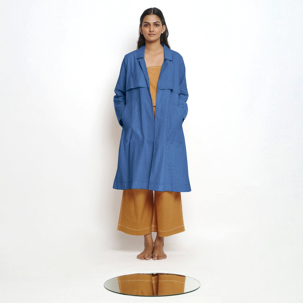 Front View of a Model wearing Vegetable Dyed Blue Paneled Cotton Overlay