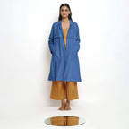 Front View of a Model wearing Vegetable Dyed Blue Paneled Cotton Overlay
