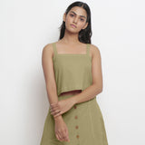 Front View of a Model wearing Vegetable-Dyed Green 100% Cotton Spaghetti Top