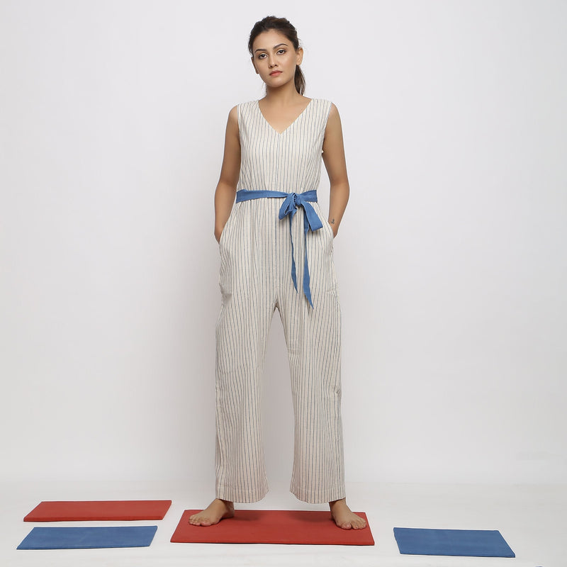 Front View of a Model wearing Ecru and Blue Striped Vegetable Dyed Cotton Sleeveless Jumpsuit