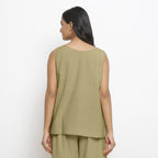 Back View of a Model wearing Vegetable Dyed Handspun Green A-Line Top