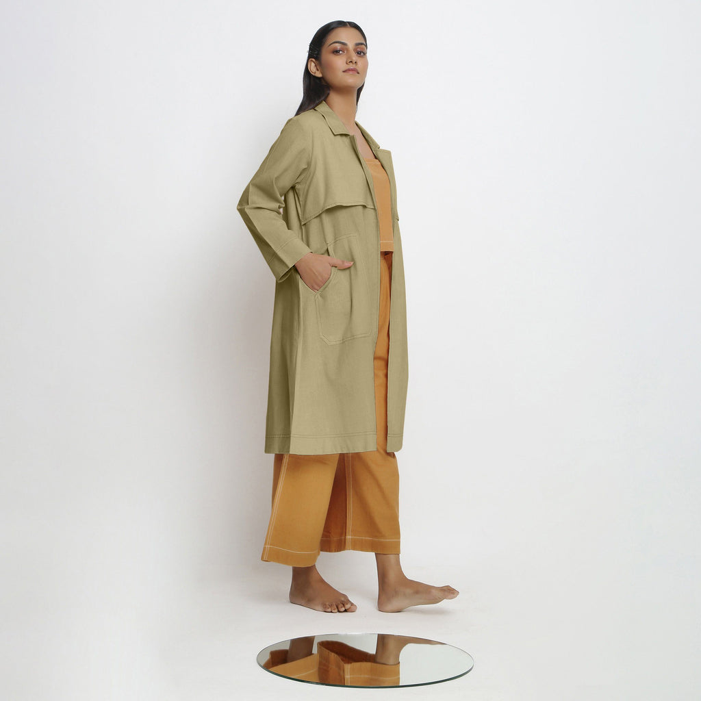 Right View of a Model wearing Vegetable-Dyed Khaki Green 100% Cotton Paneled Overlay