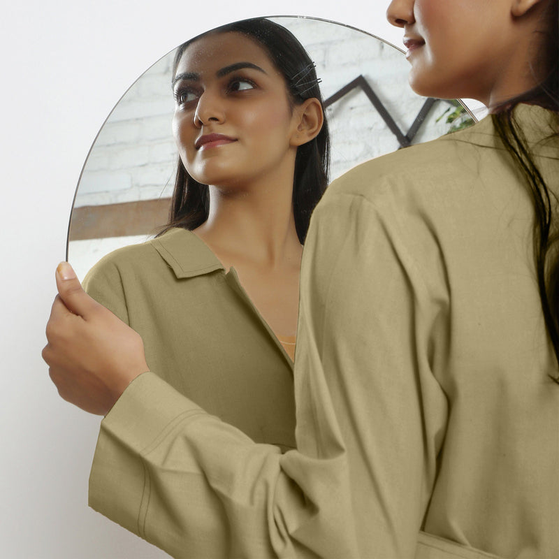 Front Detail of a Model wearing Vegetable-Dyed Khaki Green 100% Cotton Paneled Overlay