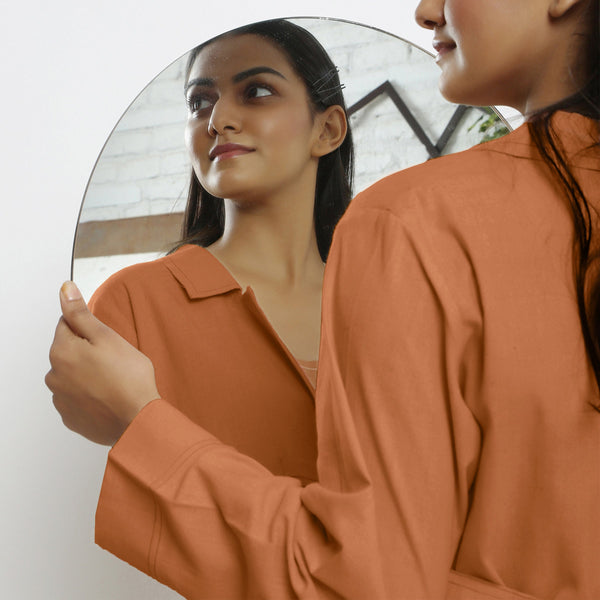Front Detail of a Model wearing Vegetable-Dyed Khaki Orange 100% Cotton Paneled Overlay