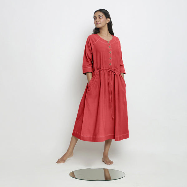 Front View of a Model wearing Vegetable-Dyed Red 100% Cotton Button-Down Dress