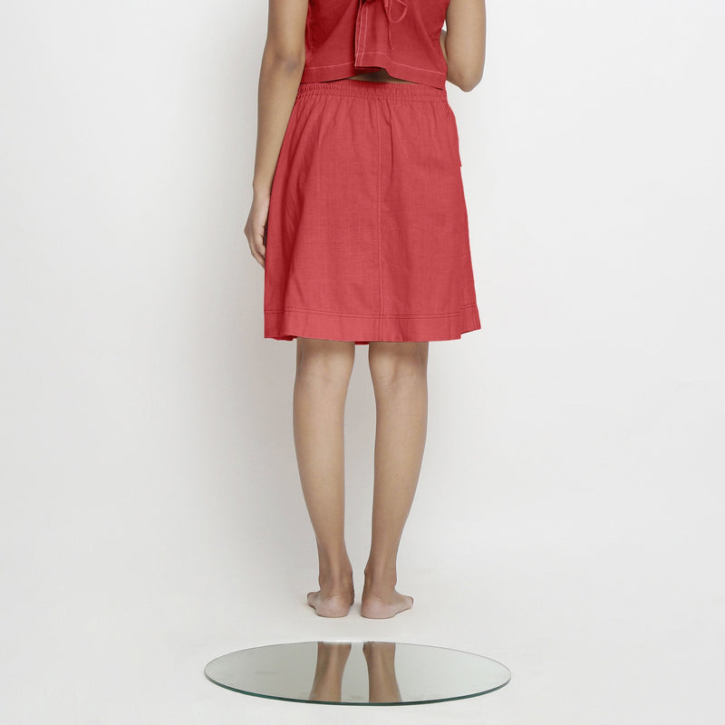 Back View of a Model wearing Vegetable-Dyed Red 100% Cotton Mid-Rise Skirt