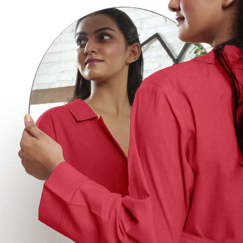 Back View of a Model wearing Vegetable Dyed Red Paneled Cotton Overlay