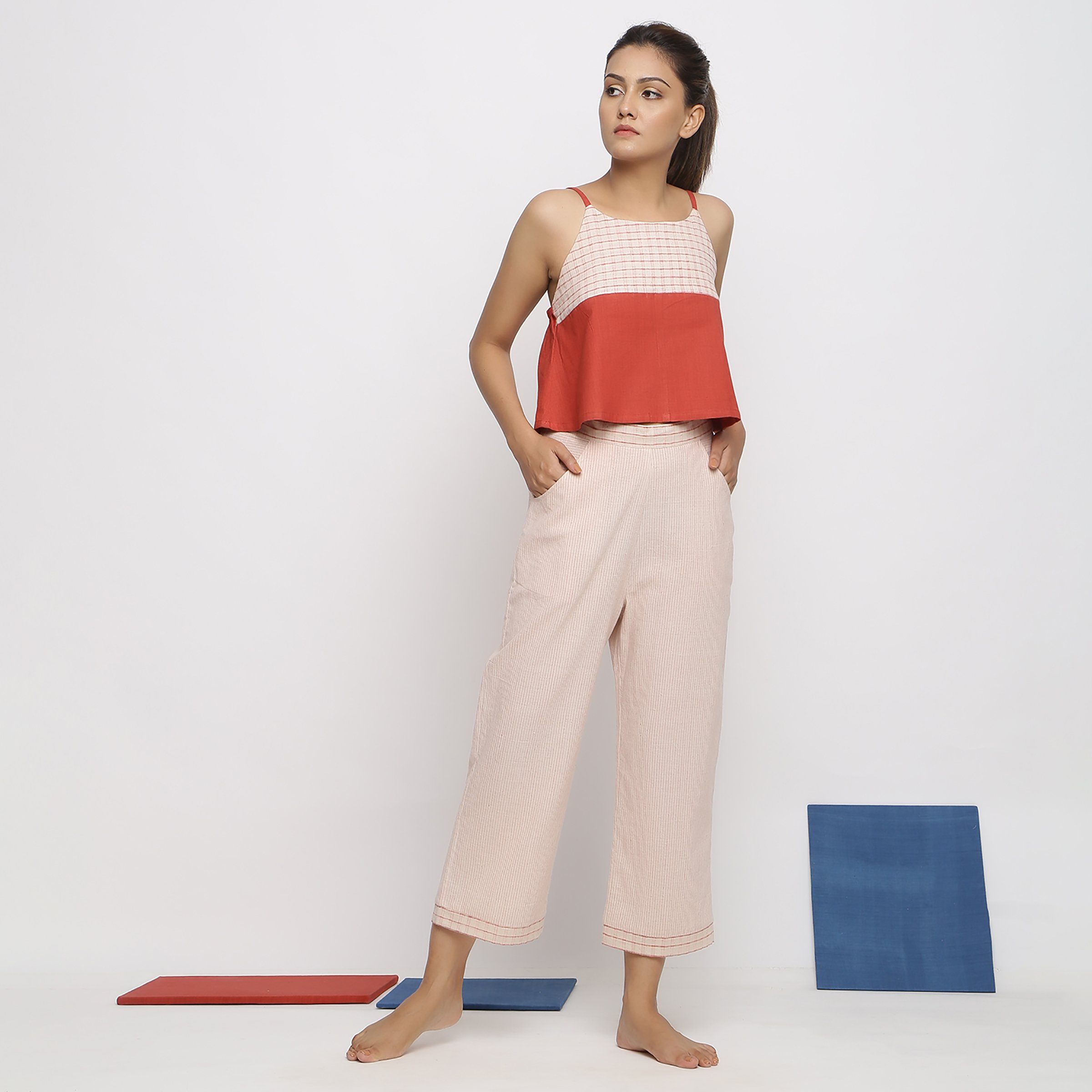 Front View of a Model wearing Vegetable Dyed Wide Legged Culottes