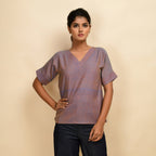 Front View of a Model wearing Vintage Plum 100% Cotton Half-Sleeve Round Neck Top