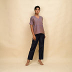 Front View of a Model wearing Vintage Plum 100% Cotton Half-Sleeve Round Neck Top