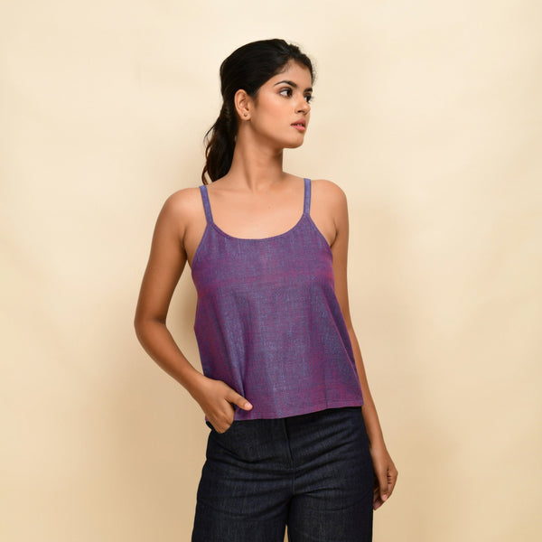 Front View of a Model wearing Violet Yarn Dyed Handspun Cotton Round Neck Spaghetti Top