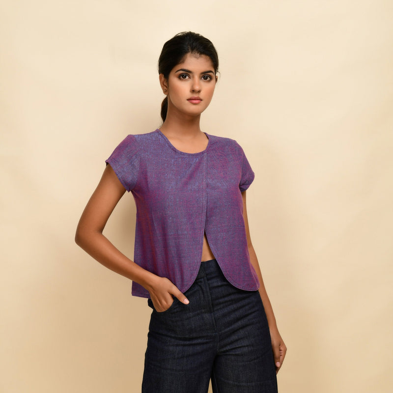 Front View of a Model wearing Violet Handspun Cotton Round Neck Asymmetrical Crop Top