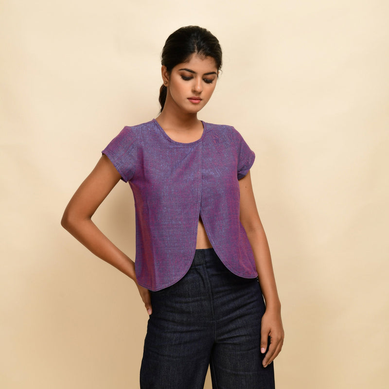 Front View of a Model wearing Violet Handspun Cotton Round Neck Asymmetrical Crop Top