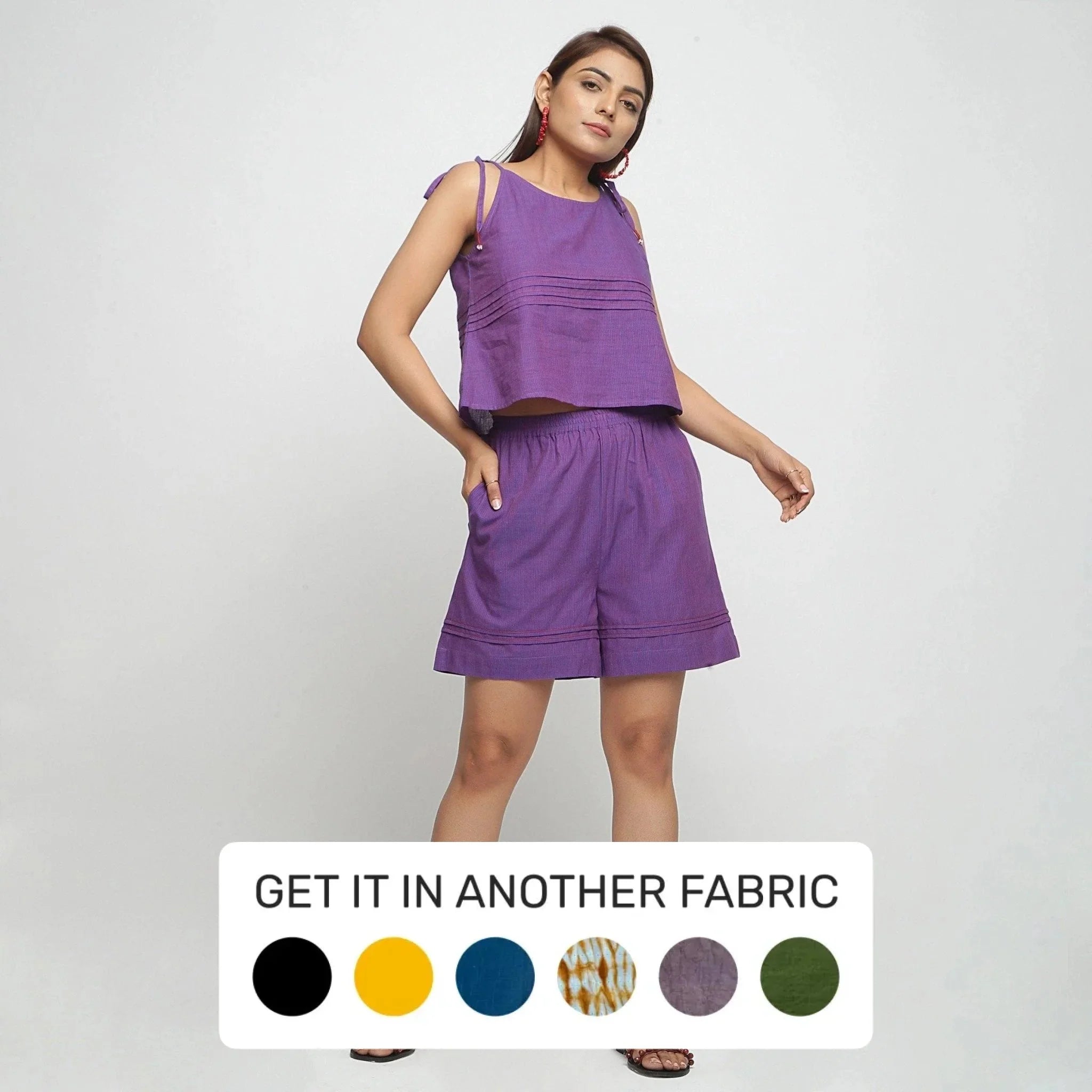 Front View of a Model wearing Violet Striped Mangalgiri Cotton Shorts