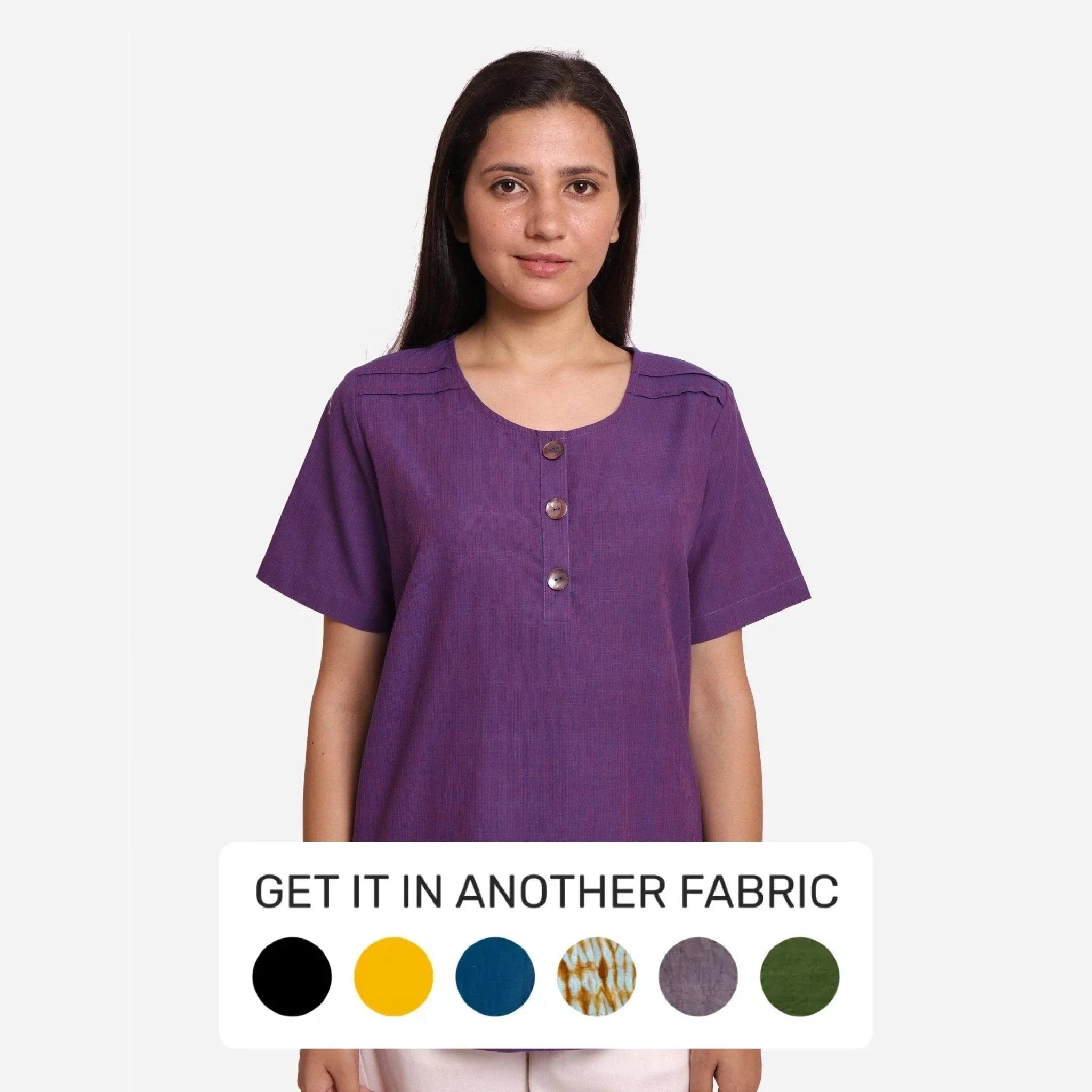 Front View of a Model wearing Breezy Violet Round Neck Flared Top