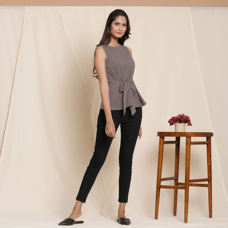 Right View of a Model wearing Warm Ash Grey A-Line Cotton Top