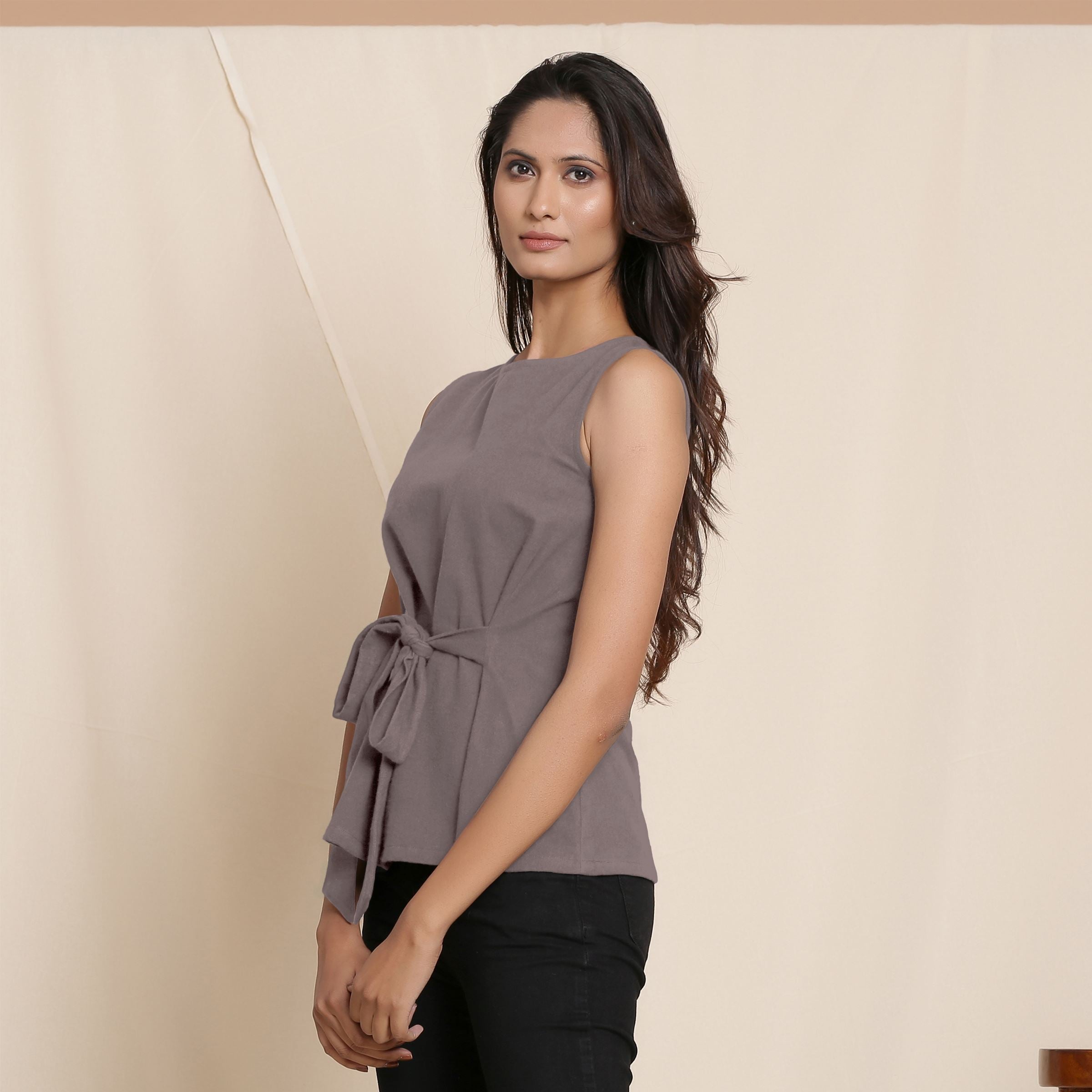 Left View of a Model wearing Warm Ash Grey A-Line Cotton Top
