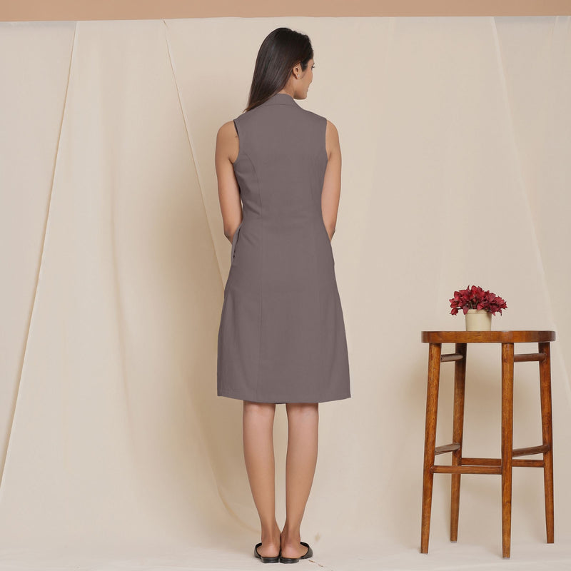 Back View of a Model wearing Warm Ash Grey Lapel Collar Short Dress