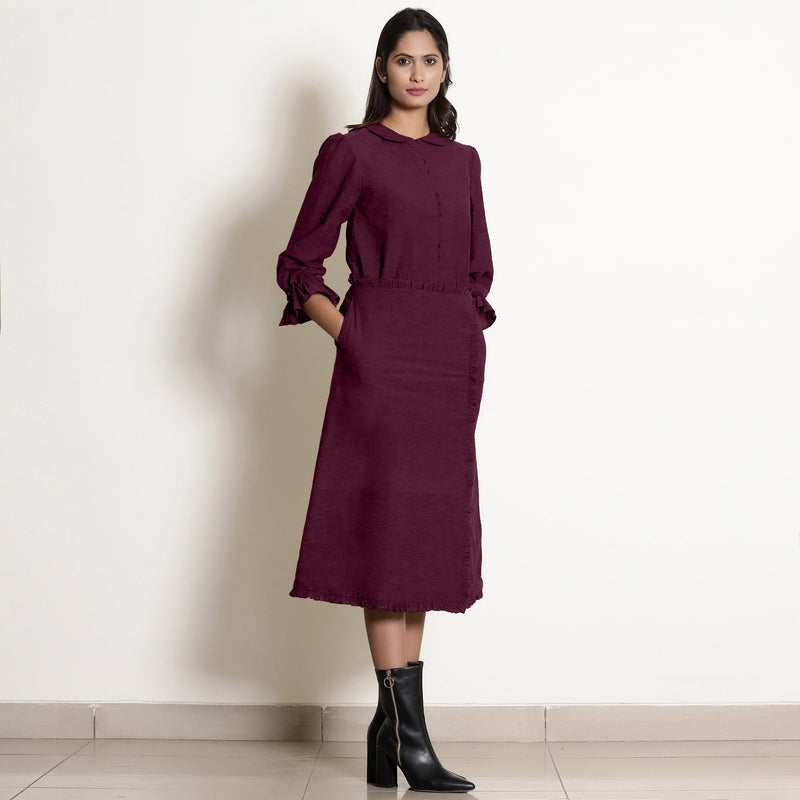 Front View of a Model wearing Warm Berry Wine A-Line Frilled Skirt