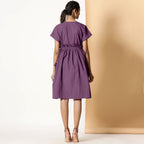 Back View of a Model wearing Berry Wine Warm Cotton Flannel Knee Length Frilled Dress