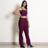 Right View of a Model wearing Warm Berry Wine Frilled Crop Bustier Top