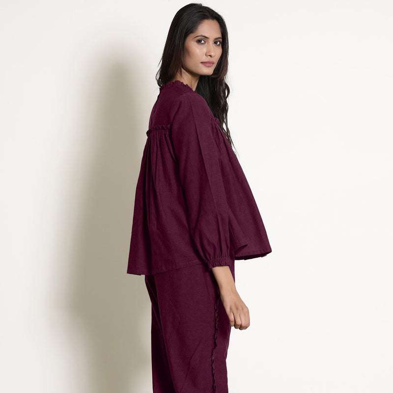 Right View of a Model wearing Warm Berry Wine Frilled Gathered Yoked Top