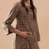 Front Detail of a Model wearing Warm Block Printed Cotton Princess-Line Midi Dress