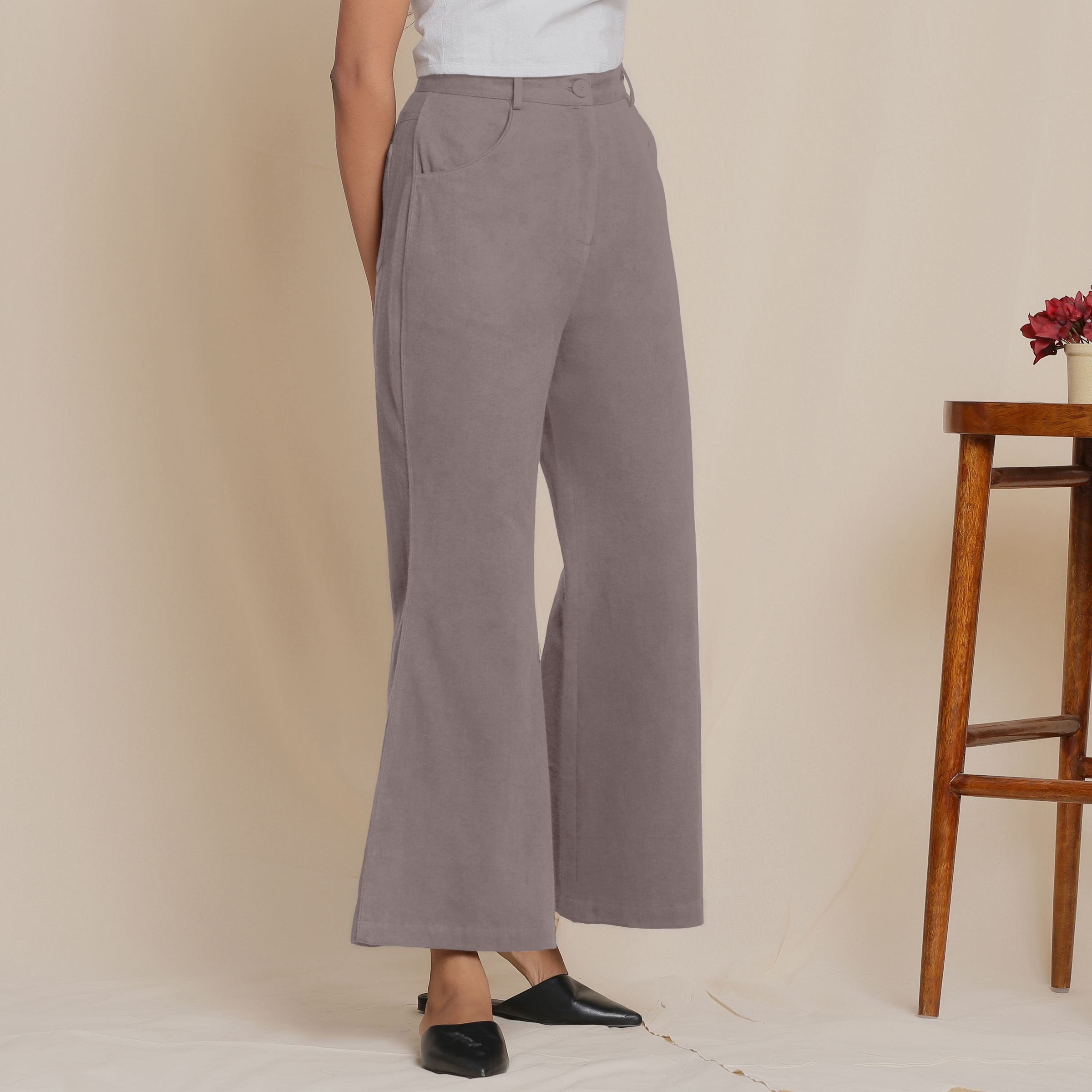 Right View of a Model wearing Warm Cotton Flannel Ash Grey Bootcut Pants