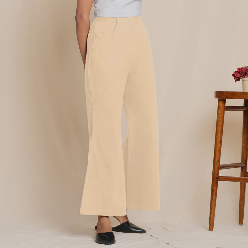 Right View of a Model wearing Warm Cotton Flannel Beige Bootcut Pants