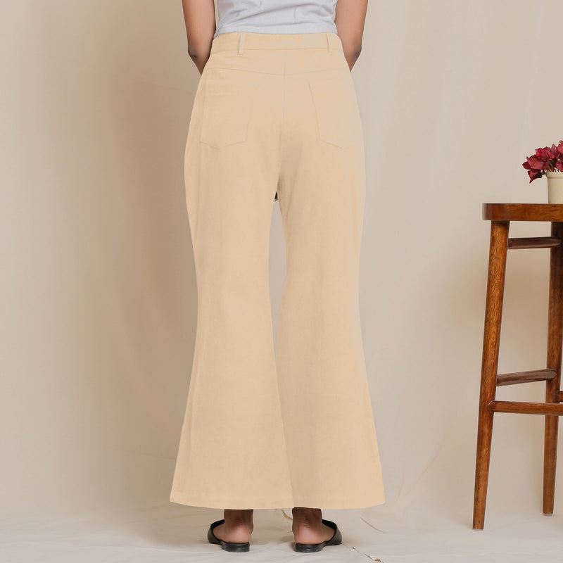 Back View of a Model wearing Warm Cotton Flannel Beige Bootcut Pants