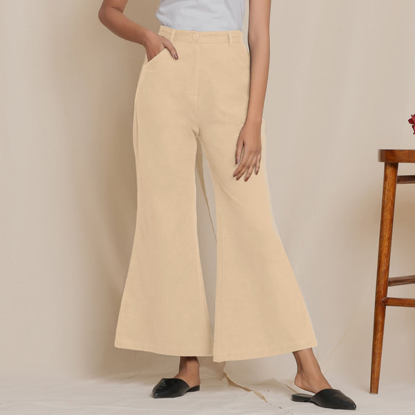 Front View of a Model wearing Warm Cotton Flannel Beige Bootcut Pants