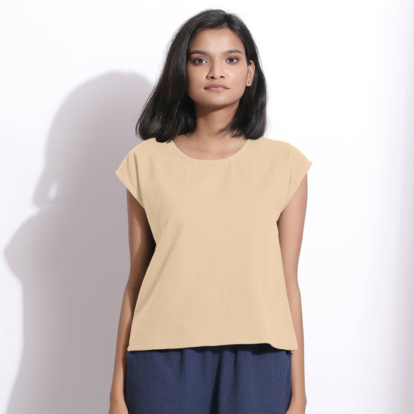 Front View of a Model wearing Warm Cotton Flannel Beige Essential Top