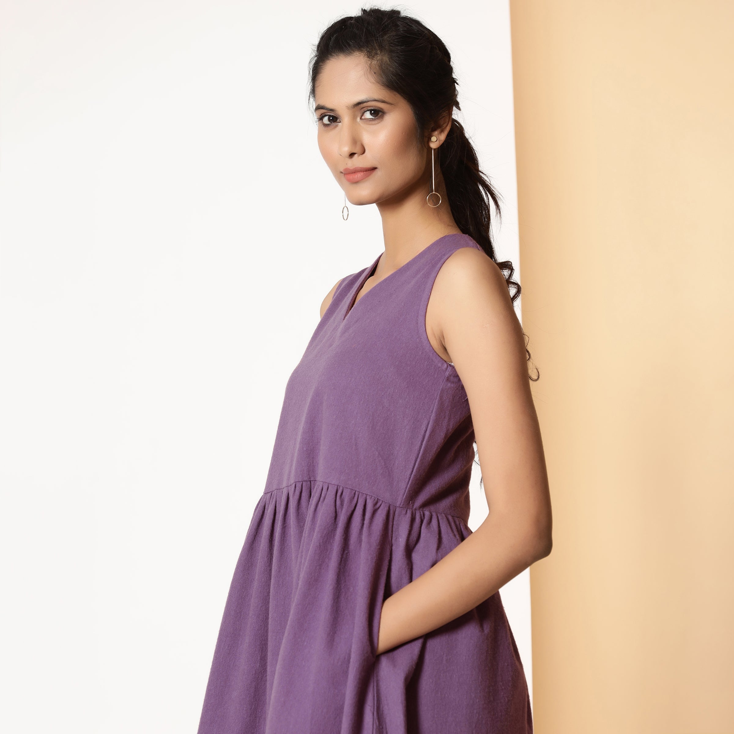 Left Detail of a Model wearing Grape Wine Warm Cotton Flannel Knee Length Yoke Dress